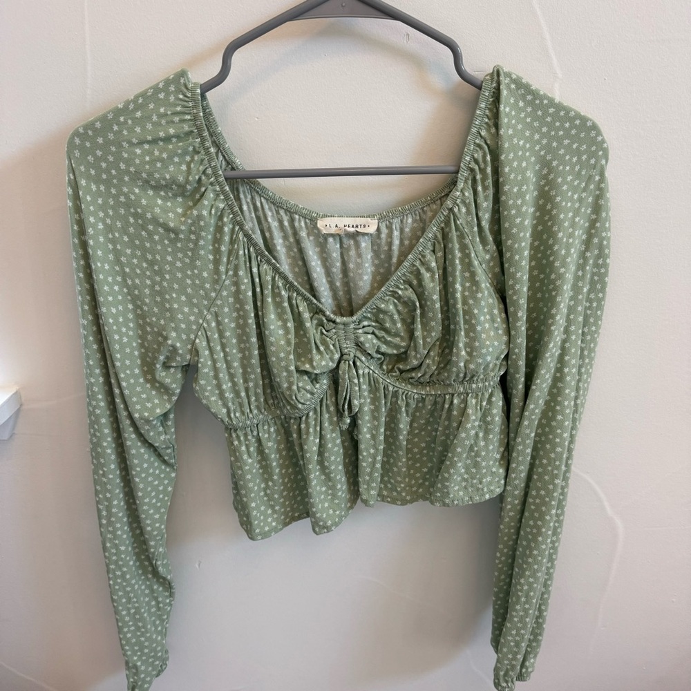 green floral tie long sleeve crop top blouse